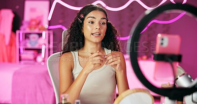 Buy stock photo Woman, content creator and ring light for recording, cosmetics influencer and live streaming in studio. Talking, beauty and tutorial for foundation on social media, vlogger person for online webcam