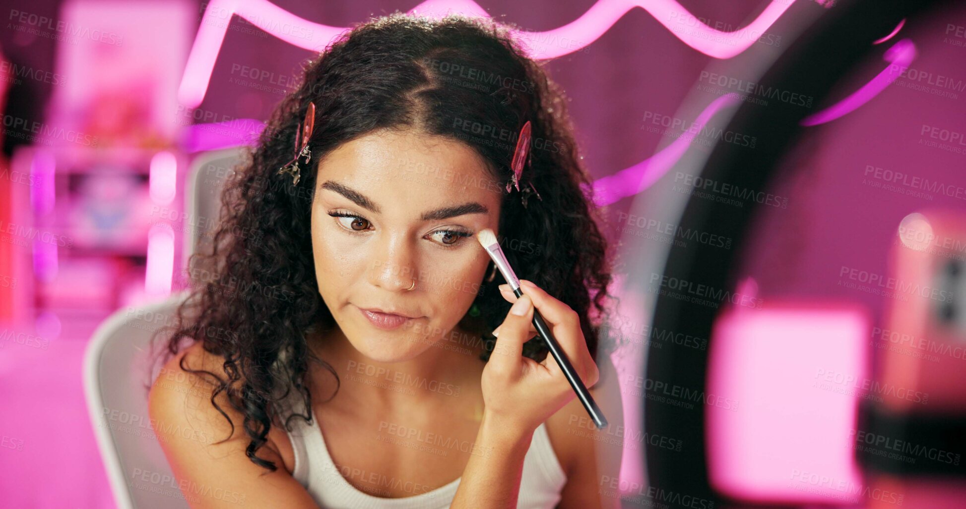 Buy stock photo Woman, content creator and ring light for recording, cosmetics influencer and live streaming in home studio. Talking, beauty or tutorial for concealer on social media, vlogger person or online webcam