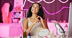 Face, makeup influencer or vlog with girl, spray or advice with content creator, promotion for cosmetics product or live streaming. Portrait, person or woman with item for skincare or record tutorial
