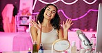 Face, influencer and woman with makeup, vlog and website for product promotion, social media and internet. Portrait, person or girl with podcast, record tutorial or skincare items for advice or smile