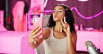 Girl, influencer and selfie for live stream for social media, connection or audience for online. Female person, gen z and bedroom with tripod for video, content creation and tech at home for website