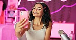 Girl, influencer and selfie for live stream for social media, connection or audience for online. Female person, gen z and bedroom with tripod for video, content creation and tech at home for website