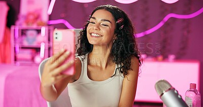 Buy stock photo Girl, influencer and selfie for live stream for social media, connection or audience for online. Female person, gen z and bedroom with tripod for video, content creation and tech at home for website