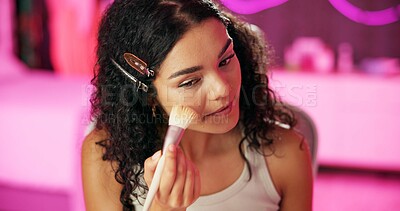 Buy stock photo Bedroom, girl and smile with application of makeup for cosmetics, beauty and morning routine. Neon, female person and facial product for getting ready with foundation, brush and technique at home