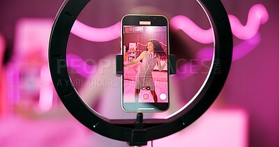 Buy stock photo Girl, dancing and vlogging on live stream for social media, connection or audience for online. Female person, gen z and bedroom with tripod for video, content creation and tech at home for website