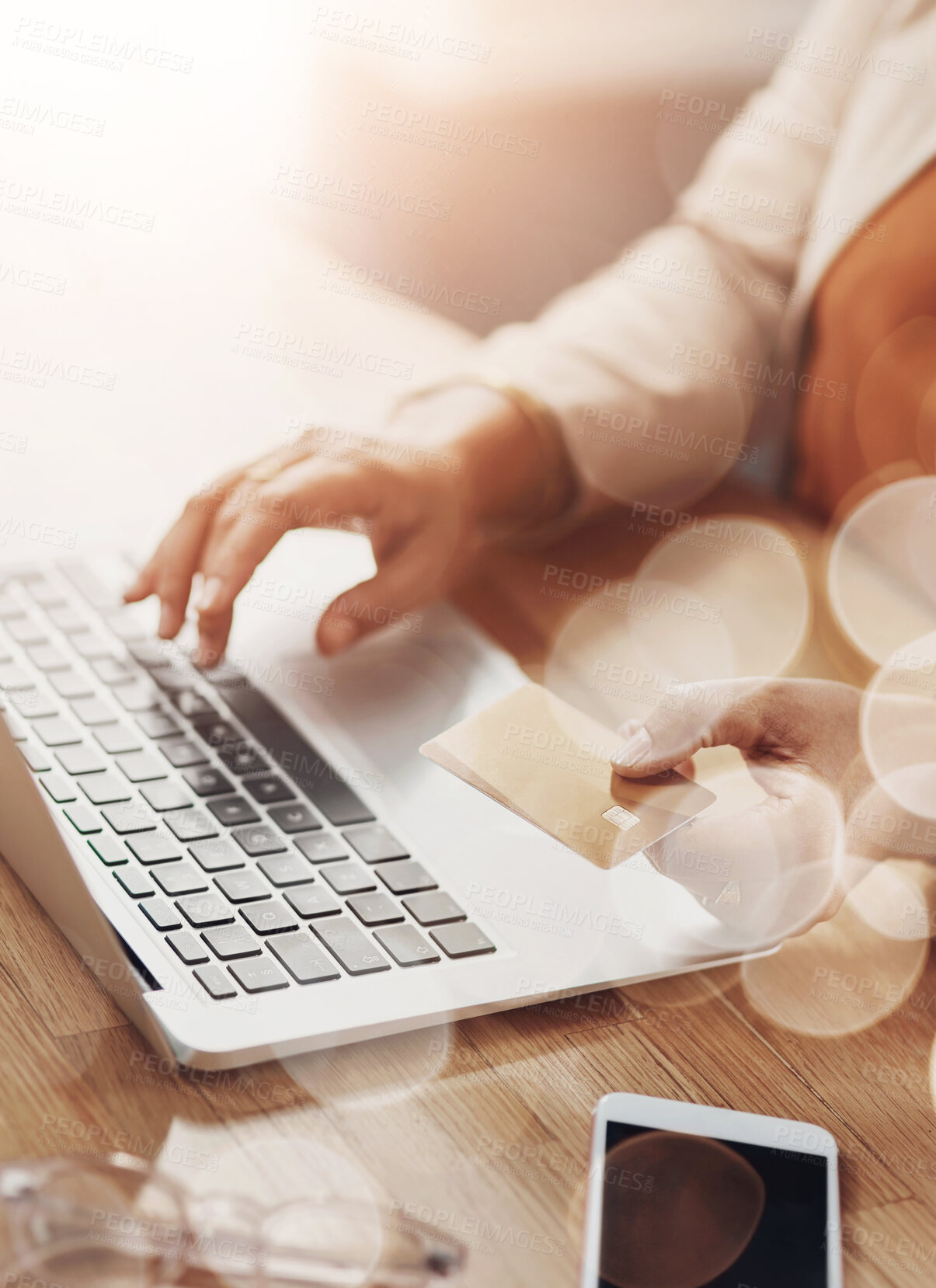 Buy stock photo Desk, laptop and hands of person with credit card, online shopping and fintech for payment in office. Bokeh, employee and typing on computer for debit information, banking and digital transaction