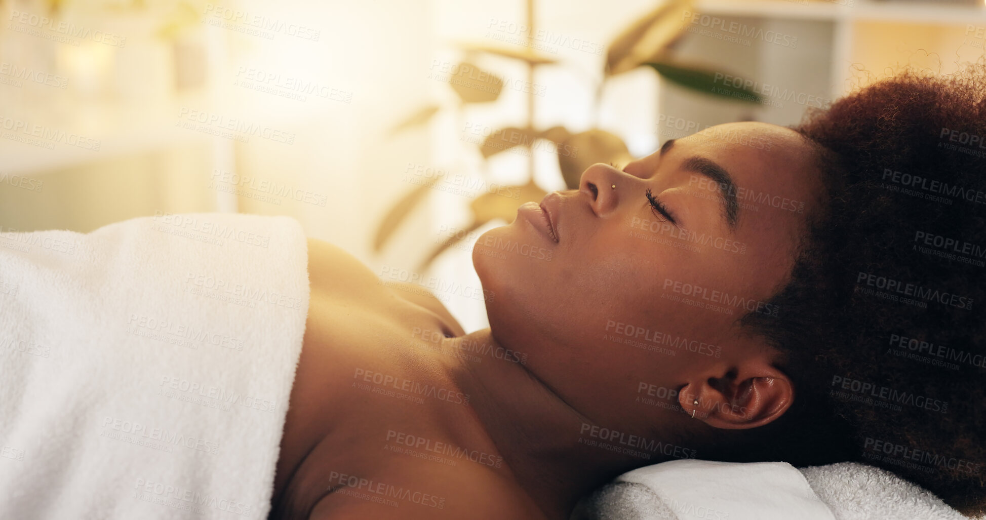 Buy stock photo Vacation, peace and black woman with spa massage, salon beauty and healing with weekend break, physical therapy and holiday. African person, closeup and girl with getaway trip, stress relief and calm