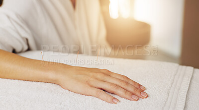 Buy stock photo Hand, acupuncture and person in spa with stress or anxiety for wellness, health or holistic therapy. Client, healthcare and asian medicine with benefit for arthritis, asthma or pain by energy balance