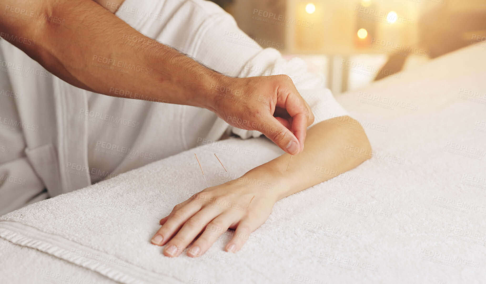 Buy stock photo Acupuncture, hands and relax in spa with customer treatment for healing, stress relief or therapy. Arm, body and holistic with masseuse in resort or resort for cosmetics, massage and skincare