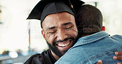 Buy stock photo Men, student and graduation with hug in home for success, goals and congratulations for education. People, friends and embrace with cheers, achievement or support with development for future in house