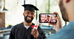 Phone screen, selfie and happy man with graduation certificate in house for celebration, pride and success. Education, smartphone or friends with profile picture for university, blog and photography