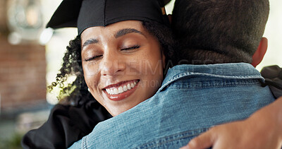 Buy stock photo Woman, hug and happy for graduation success in home with education achievement, pride and scholarship. Graduate, embrace and celebration for academic degree, learning goals and studying milestone