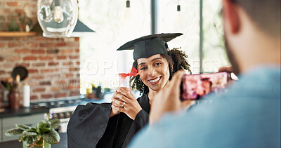 Buy stock photo Home, university and photo of woman for graduation, ceremony and achievement memory. College, couple and picture of happy people with degree, award and certificate for education, learning or studying