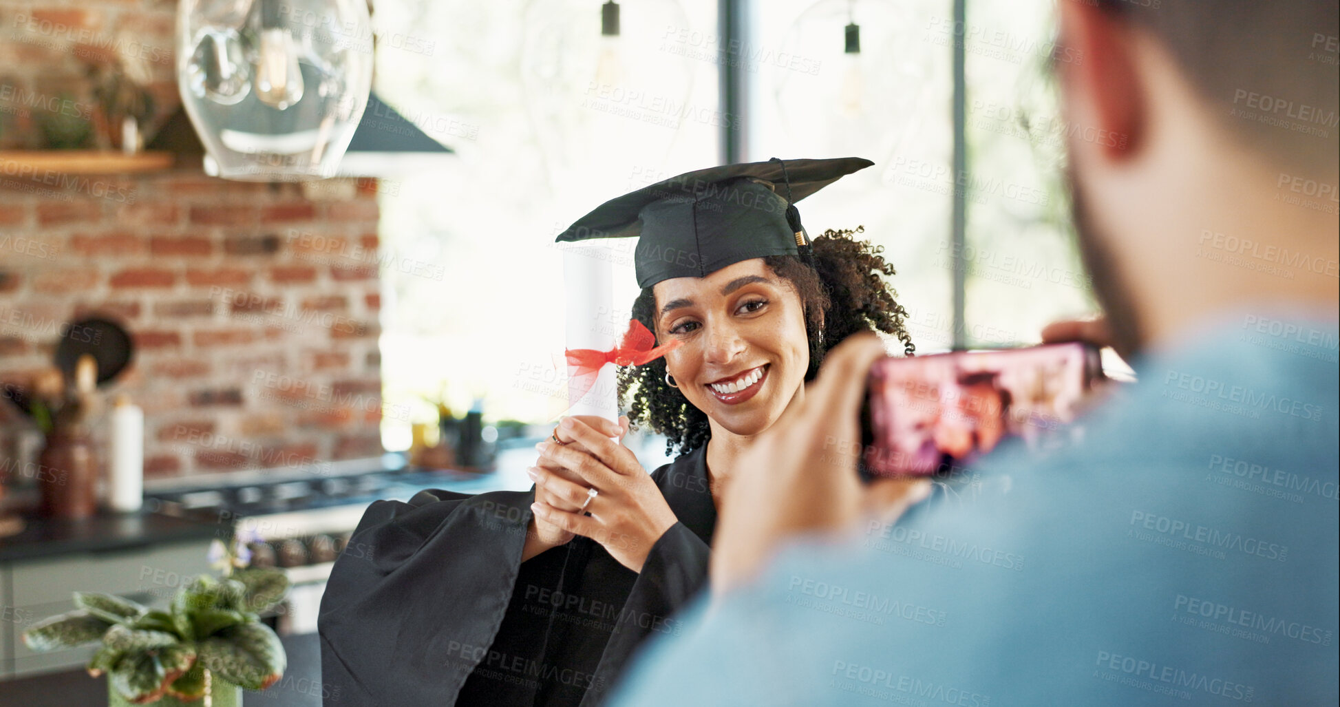 Buy stock photo Home, university and photo of woman for graduation, ceremony and achievement memory. College, couple and picture of happy people with degree, award and certificate for education, learning or studying