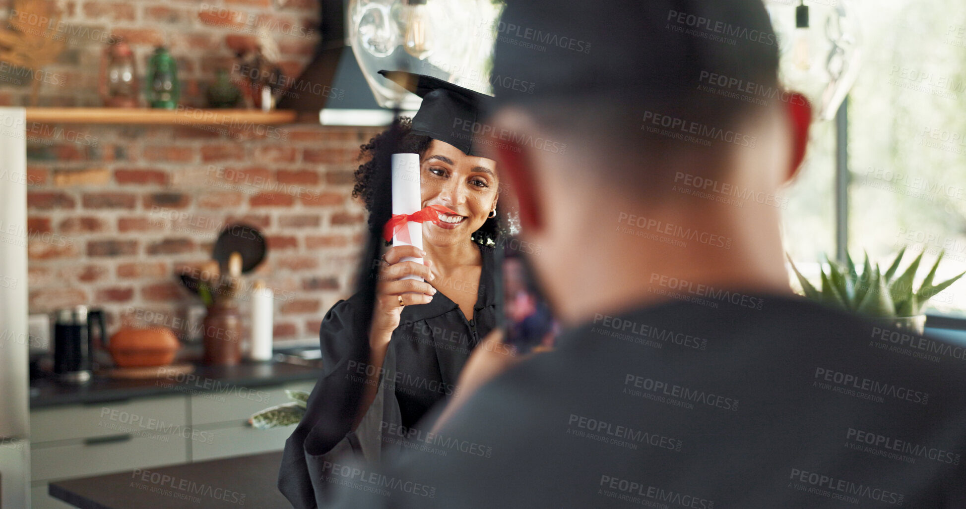 Buy stock photo Phone, photography and woman with graduation certificate in house for celebration, pride and success. Education, smartphone and students with blog profile picture for university, achievement and post