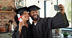 Man, woman and selfie in house for graduation, celebration or excited for achievement in education. Couple, people and happy with photography, memory or live streaming with cheers for college diploma