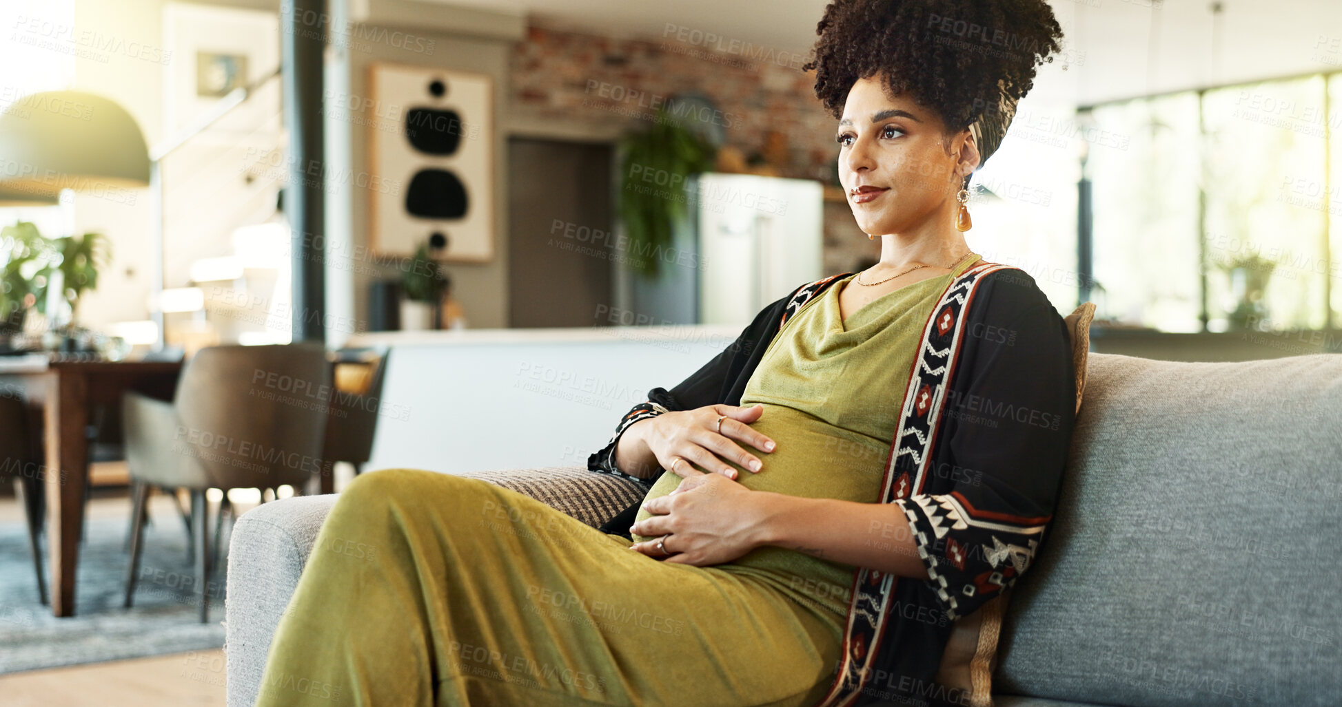 Buy stock photo Thinking, home and pregnant woman with idea, belly and abdomen touch with maternity care. Pregnancy, couch and relax with holding stomach in living room with future mother and waiting with memory