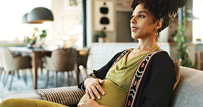 Buy stock photo Thinking, home and pregnant woman with baby idea, wondering and abdomen touch with maternity care. Pregnancy, couch and relax with holding stomach in living room with future mother and memory