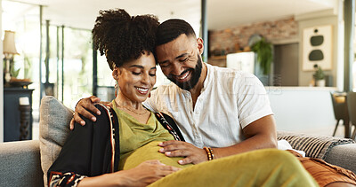 Buy stock photo Love, pregnancy and couple on sofa with hands on stomach for support, care and bonding in their home together.. Maternity, future or people in living room with belly growth, hug and child development