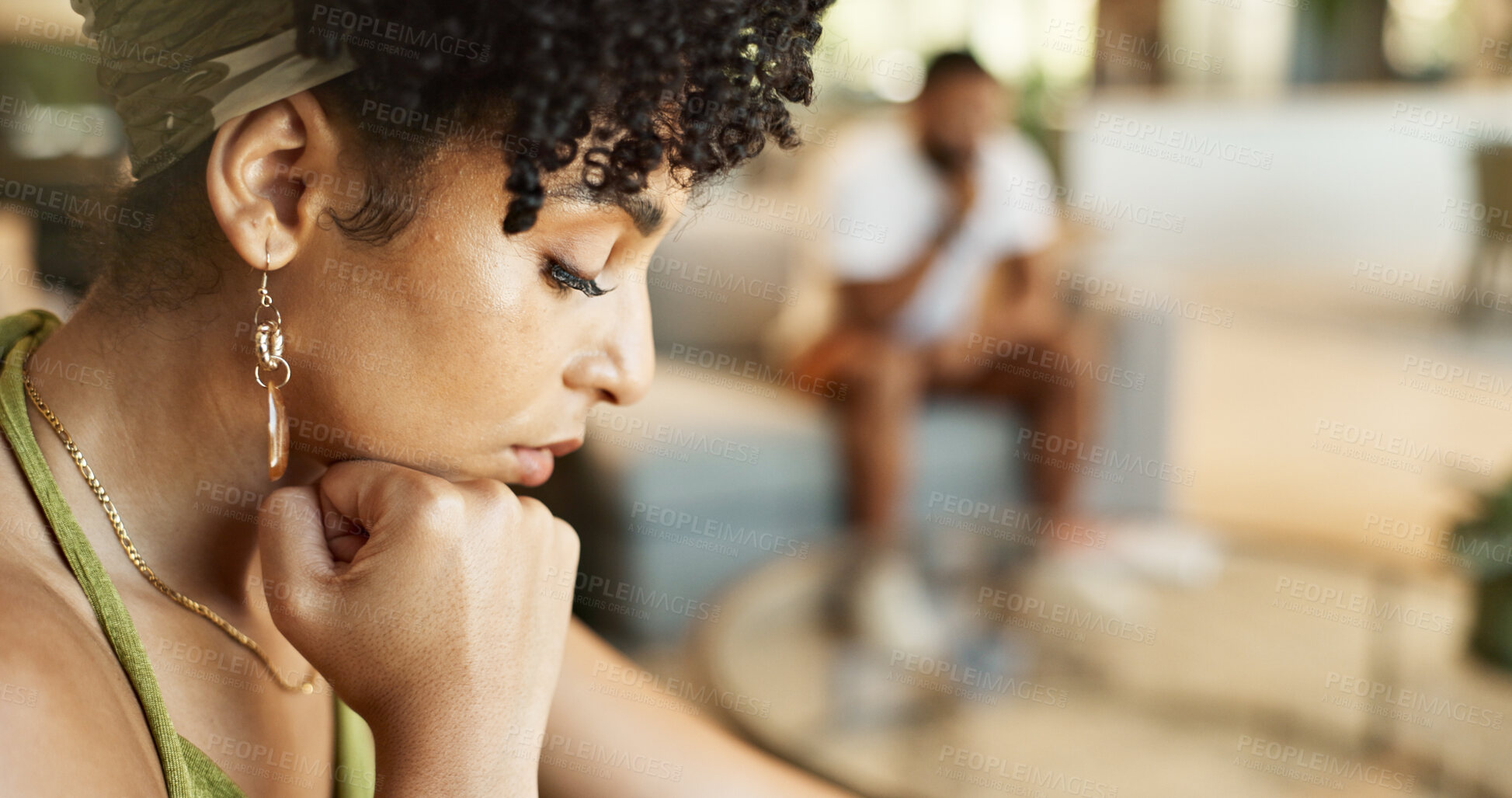 Buy stock photo Couple, fight and sad woman thinking in house with anger, divorce and cheating, control or toxic crisis at home together. Marriage, doubt and girl ignore man in living room frustrated, hurt or angry