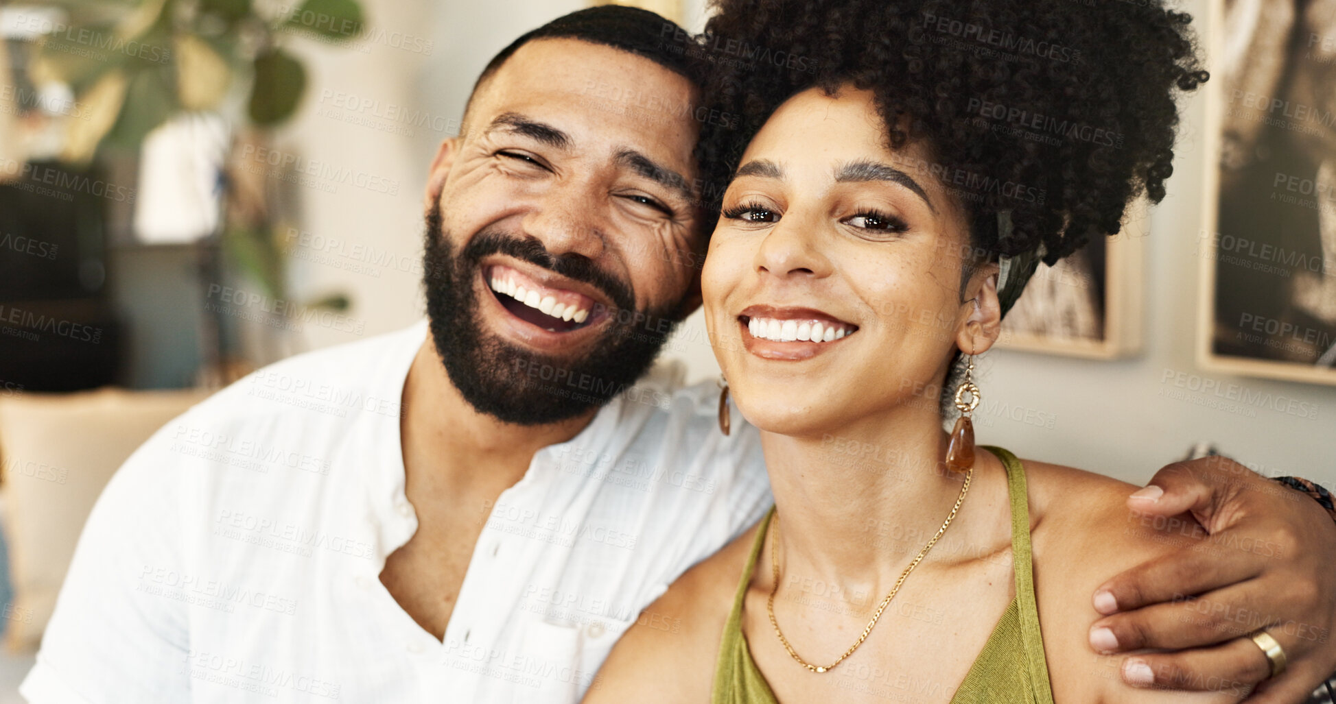 Buy stock photo Love, happy and portrait of couple on sofa relax for bonding, loving relationship and enjoy weekend. Marriage, home and man and woman embrace on couch for affection, romance and smile in living room