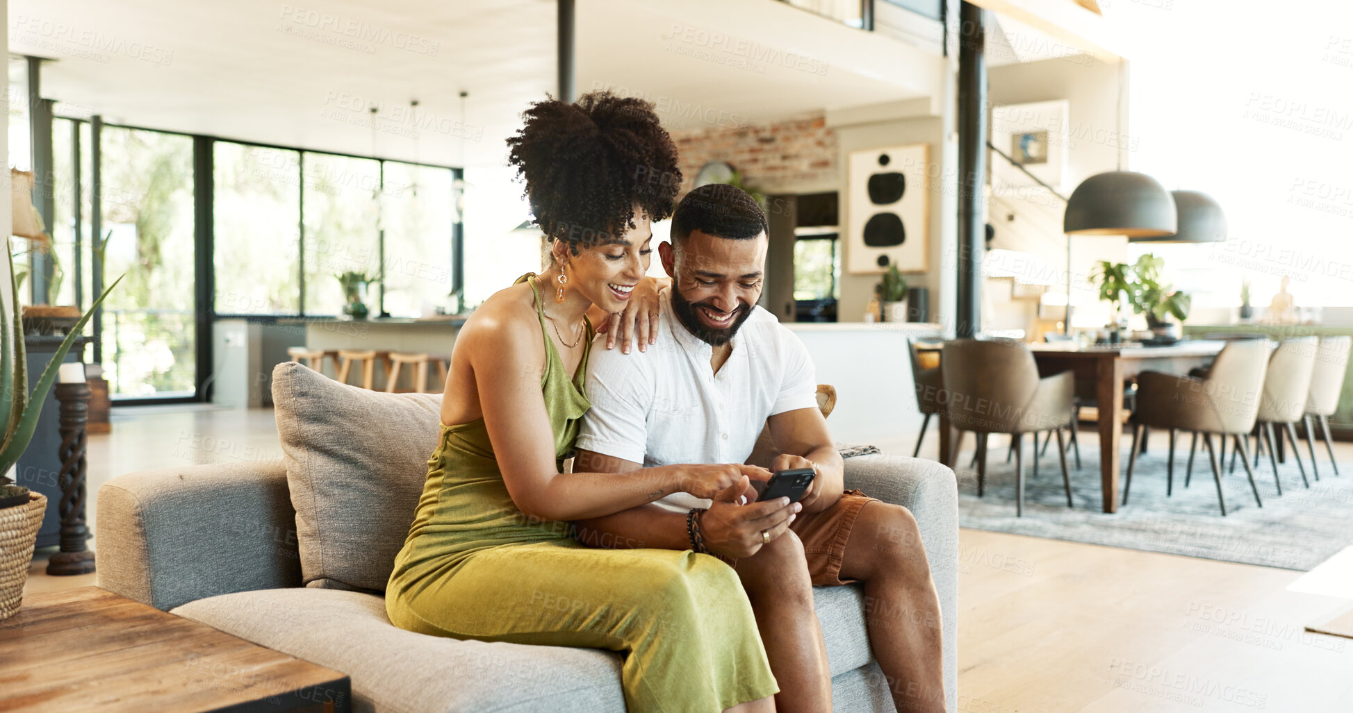 Buy stock photo Couple, relax and laughing for phone in home with social media meme, internet joke or comic notification. People, happy and smartphone in living room with funny web search, bonding or embrace on sofa