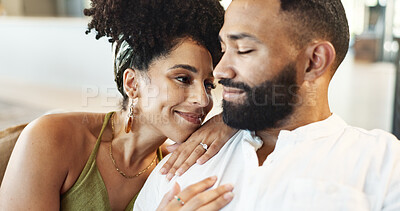 Buy stock photo Love, romance and couple on sofa relax for bonding, loving relationship and enjoy weekend together. Marriage, home and man and woman embrace on couch for affection, happy and smile in living room