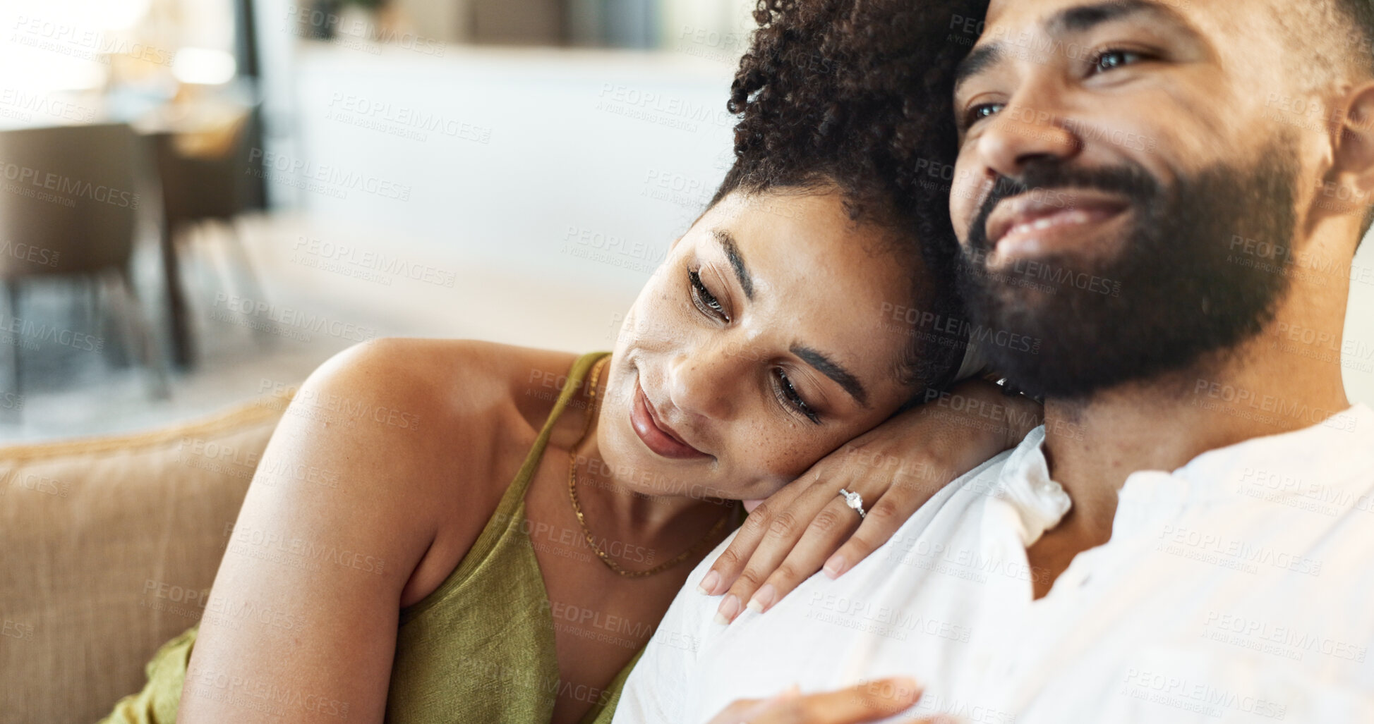 Buy stock photo Love, happy and couple on sofa relax for bonding, loving relationship and enjoy weekend together. Marriage, home and man and woman embrace on couch for affection, romance and smile in living room