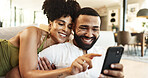 Couple, phone and couch with social media, streaming and smile together in home with app. Online shopping, relax and happy people with technology and mobile video with web meme on the internet