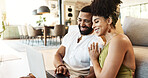 Laptop, happy and couple in home relax for bonding, loving relationship and together in living room. Marriage, floor and man and woman on computer for internet banking, website and online shopping