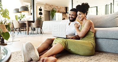 Buy stock photo Laptop, relax and couple on floor in home for watching movies, entertainment and streaming in living room. Marriage, love and happy man and woman on computer for internet, website and online videos