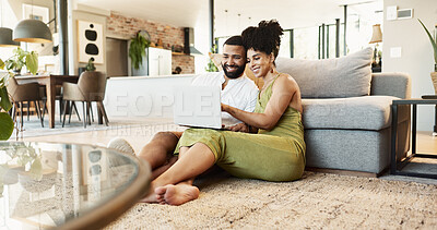 Buy stock photo Laptop, relax and black couple on floor for watching movies, entertainment and streaming in living room. Home, love and happy man and woman on computer for internet, website and online streaming