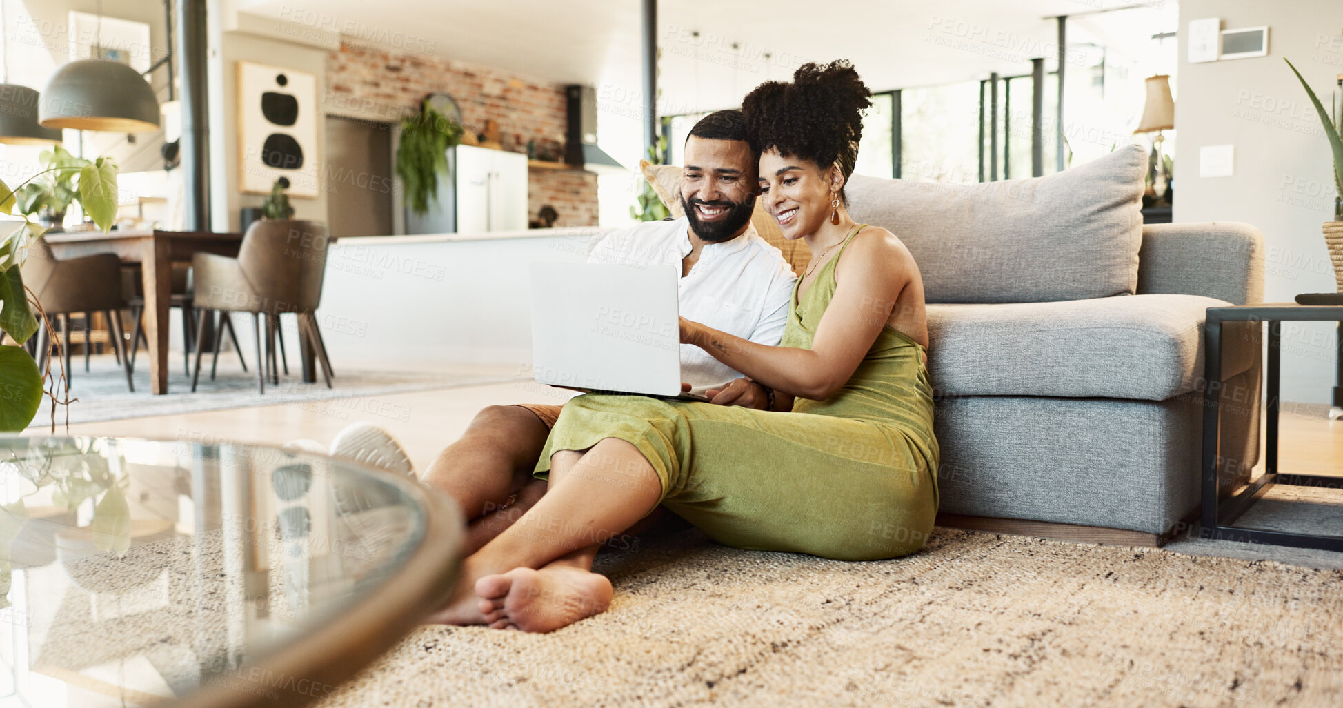 Buy stock photo Laptop, relax and black couple on floor for watching movies, entertainment and streaming in living room. Home, love and happy man and woman on computer for internet, website and online streaming