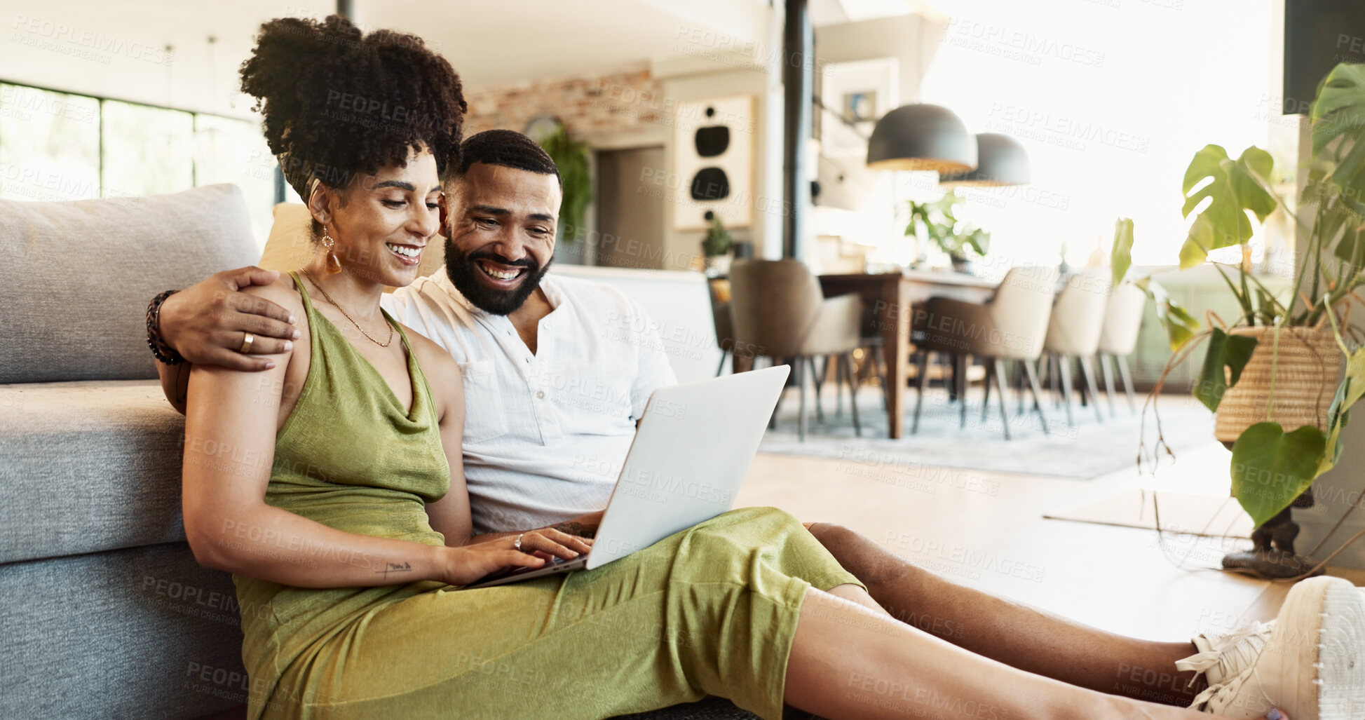 Buy stock photo Happy, relax and couple in home on laptop for bonding, loving relationship and together in kitchen. Marriage, embrace and man and woman on computer for internet banking, website and online shopping