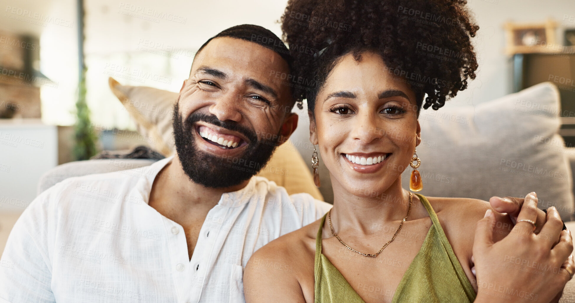 Buy stock photo Couple, love and happy in home with portrait for romance, bonding and commitment in marriage on sofa. People, face and smile with embrace in house for support, trust or healthy relationship with care