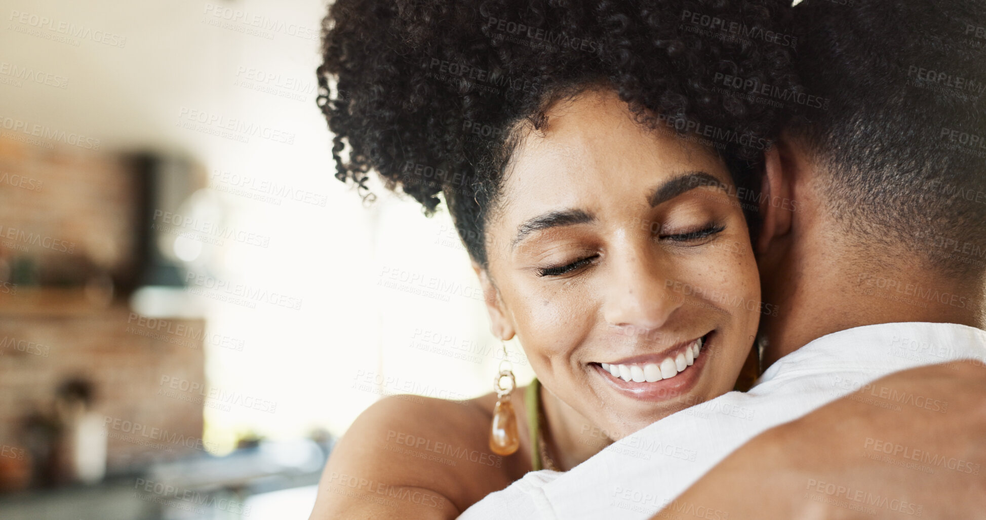 Buy stock photo Love, couple and woman hug man in a house with support, trust and greeting, embrace or welcome home gesture. Reunion, hello or people cuddle in apartment with security, safety or comfort with romance