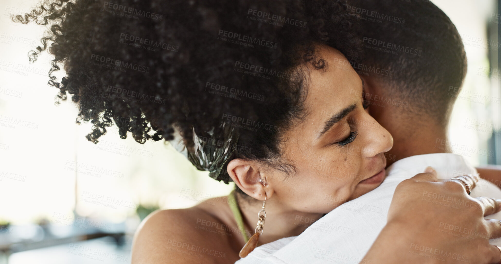 Buy stock photo Love, couple and girl hug man in a house with support, trust and greeting, embrace or welcome home gesture. Reunion, hello or people cuddle in apartment with security, safety or comfort with romance