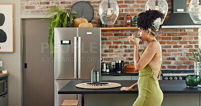 Buy stock photo Woman, coffee and morning in kitchen with thinking, idea and calm in a new home with mug. Espresso, break and relax with nostalgia and memory with tea and hot drink with contemplation and cup