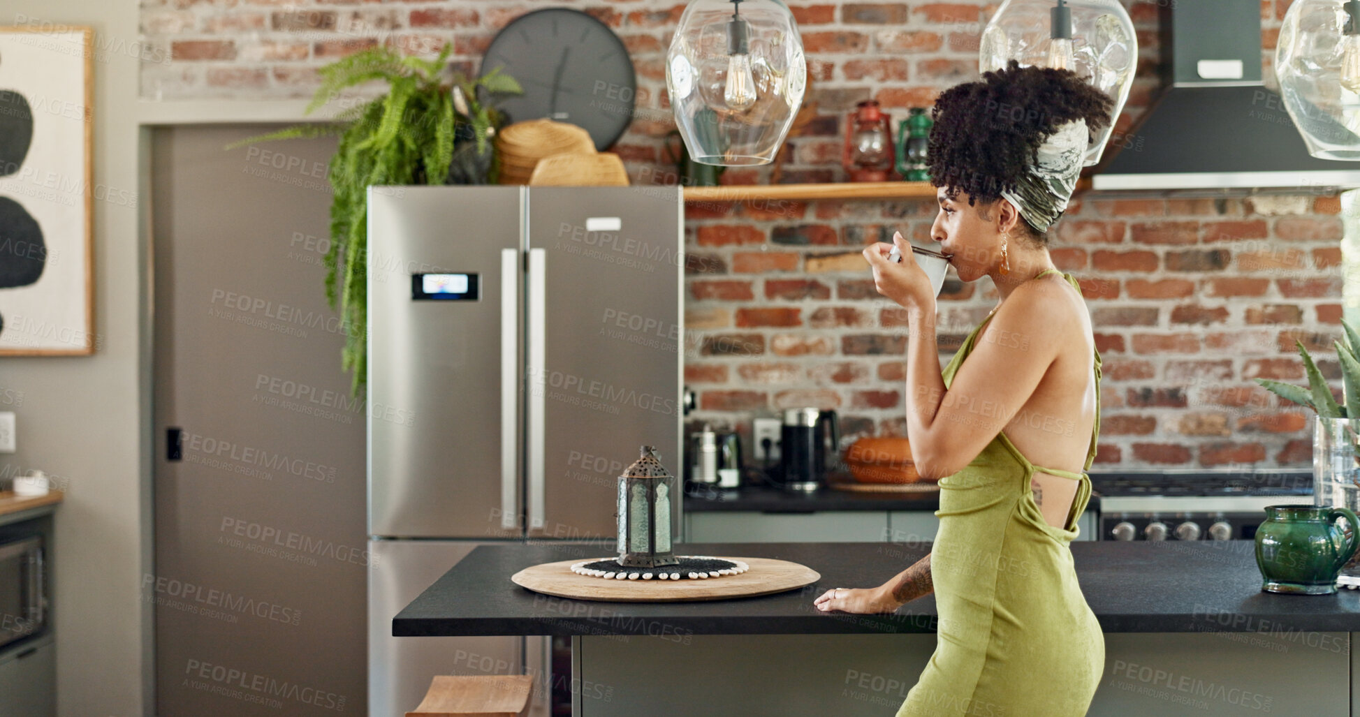 Buy stock photo Woman, coffee and morning in kitchen with thinking, idea and calm in a new home with mug. Espresso, break and relax with nostalgia and memory with tea and hot drink with contemplation and cup