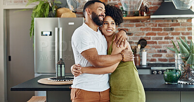 Buy stock photo New home, happy and couple hug in apartment for bonding, loving relationship and commitment together. Dating, marriage and man and woman embrace for affection, romance and love for house or apartment