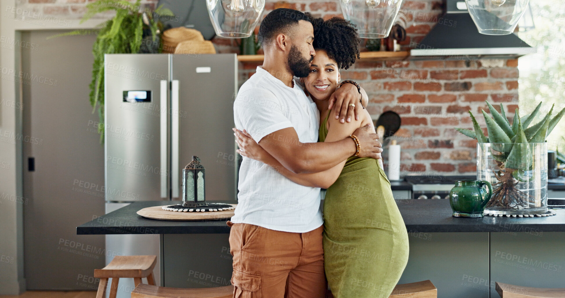 Buy stock photo Happy, love and couple in new home hug for property, apartment and house on weekend together. Marriage, affection and man and woman embrace or kiss for romantic bonding, relationship and commitment