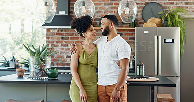 Buy stock photo Kitchen, love and couple hug in home for bonding, loving relationship and commitment together. Weekend, marriage and man and woman embrace for affection, romance and happy for new house or apartment