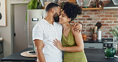 Buy stock photo Kitchen, love and happy couple hug in home for bonding, loving relationship or commitment together. Dating, marriage and man and woman embrace for affection, romance or love in new house or apartment