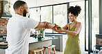 Kitchen, happy and couple dance in home for bonding, loving relationship and commitment together. Smile, marriage and man and woman with music for affection, romance or love in new house or apartment