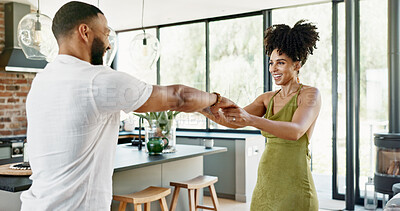 Buy stock photo Kitchen, happy and couple dance in home for bonding, loving relationship and commitment together. Smile, marriage and man and woman with music for affection, romance or love in new house or apartment