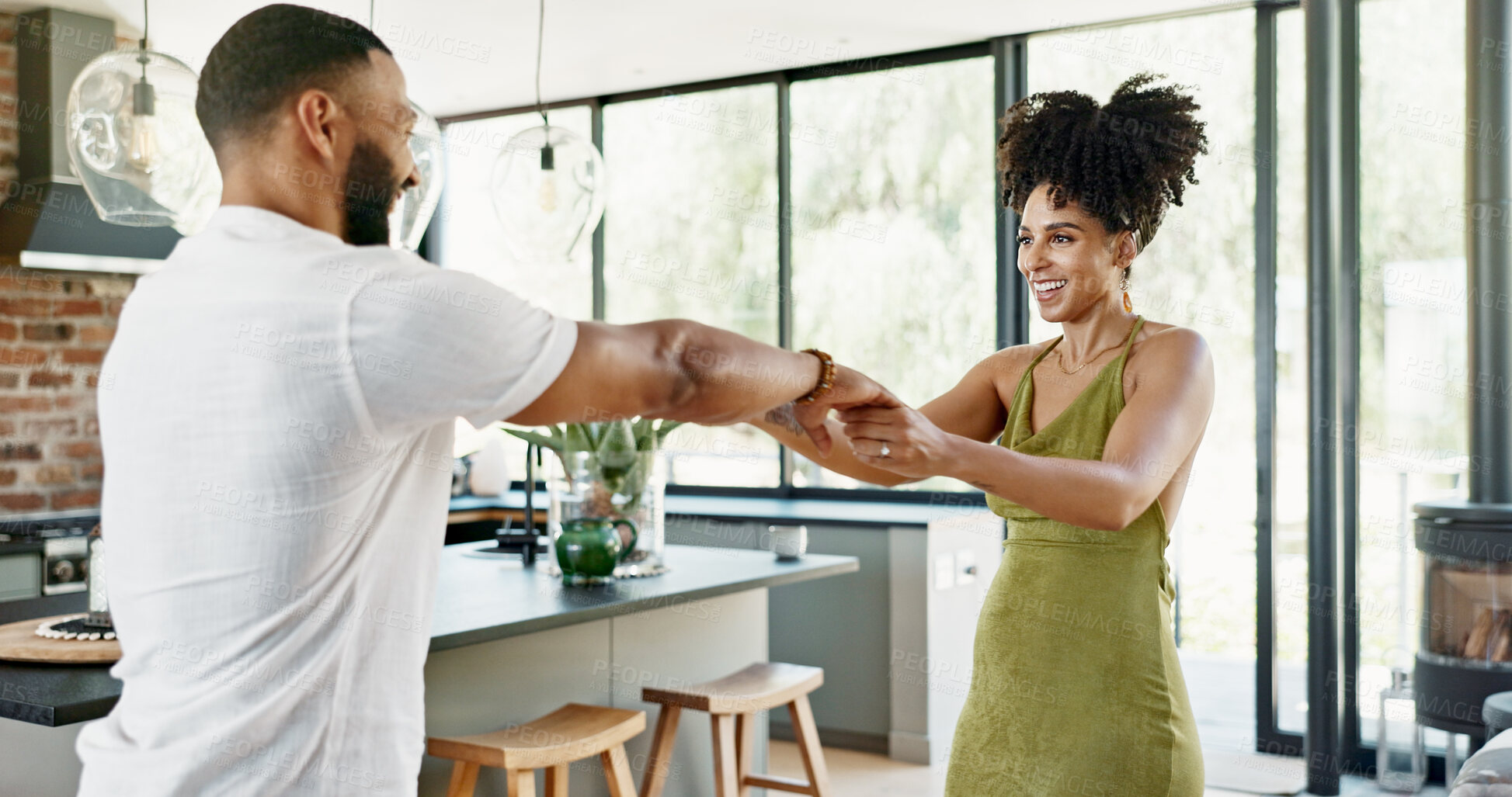 Buy stock photo Kitchen, happy and couple dance in home for bonding, loving relationship and commitment together. Smile, marriage and man and woman with music for affection, romance or love in new house or apartment