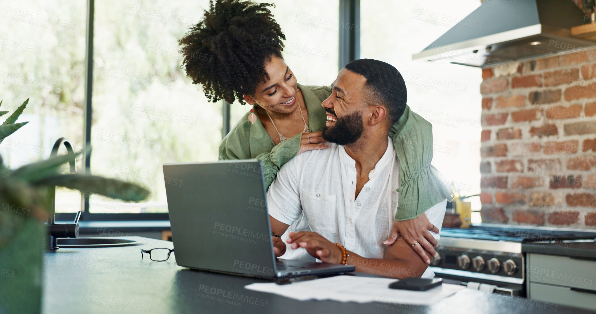 Buy stock photo Happy, hug and couple with laptop in home with investment, savings and budget for bills. Smile, banking and financial payment with excited woman and online planning together from profit and tech