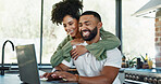 Happy, hug and couple with laptop in home with investment, laugh and budget for bills. Smile, digital banking and financial payment with excited woman and celebration together from profit and tech