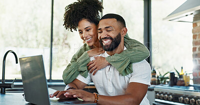 Buy stock photo Happy, hug and couple with laptop in home with investment, laugh and budget for bills. Smile, digital banking and financial payment with excited woman and celebration together from profit and tech