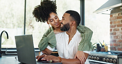 Buy stock photo Laptop, relax and couple hug in home for bonding, loving relationship and happy together in kitchen. Marriage, embrace and man and woman on computer for internet banking, website and online shopping